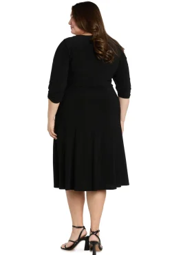 Midi Jersey Faux Wrap with 3/4 Sleeves-Black -Plus