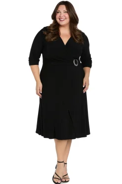 Midi Jersey Faux Wrap with 3/4 Sleeves-Black -Plus