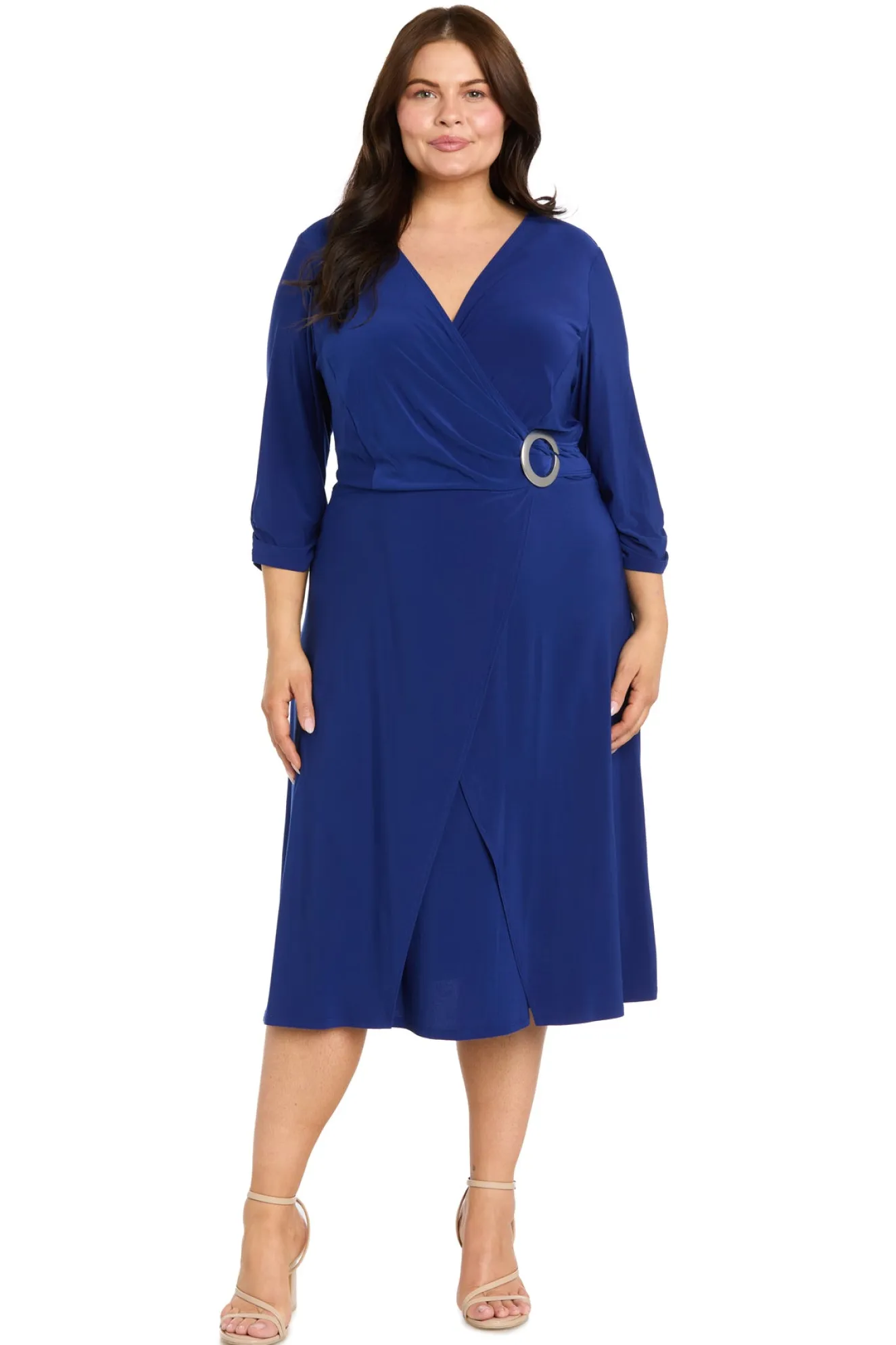 Midi Jersey Faux Wrap with 3/4 Sleeves - Indigo - Plus