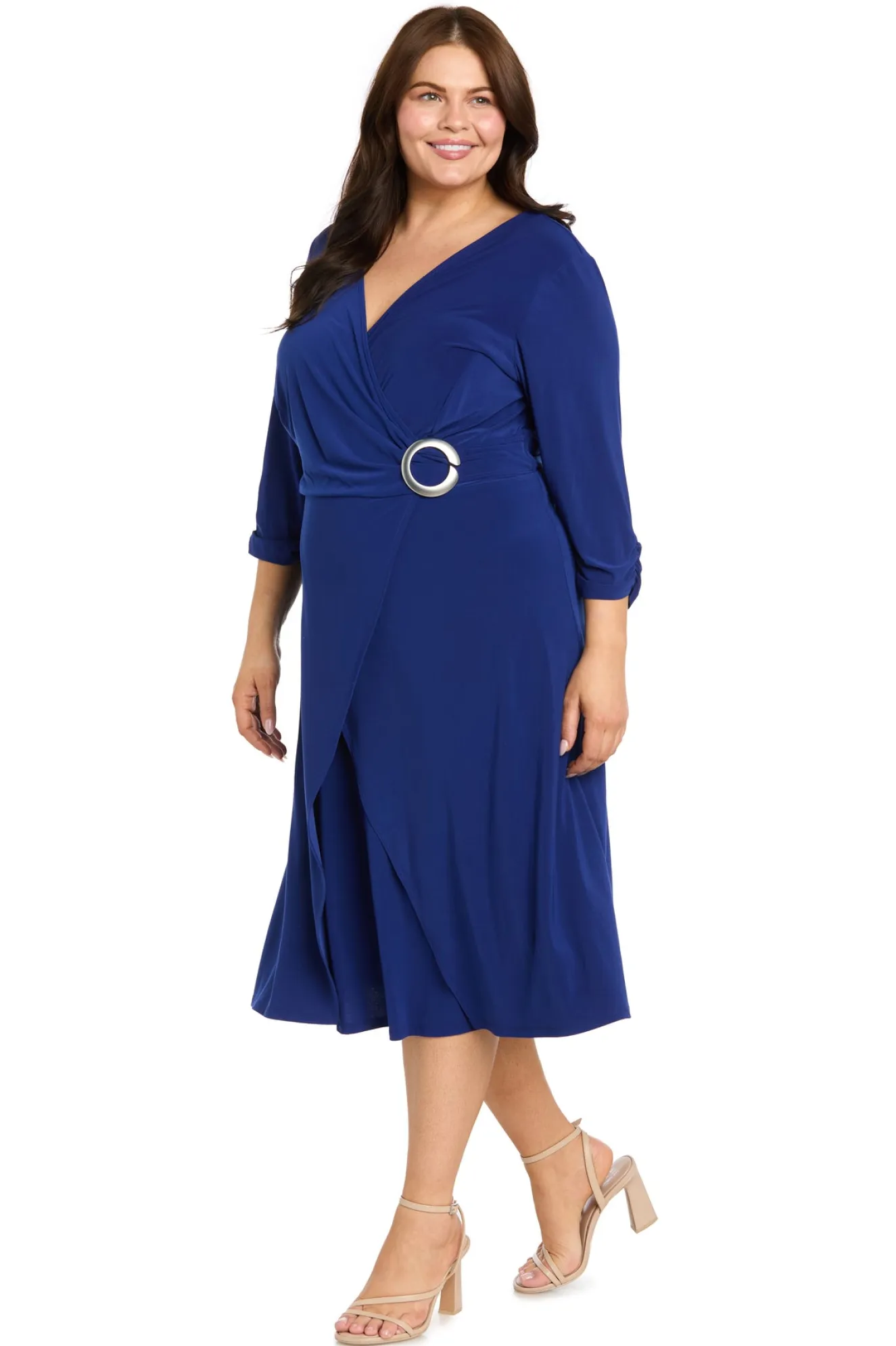 Midi Jersey Faux Wrap with 3/4 Sleeves - Indigo - Plus