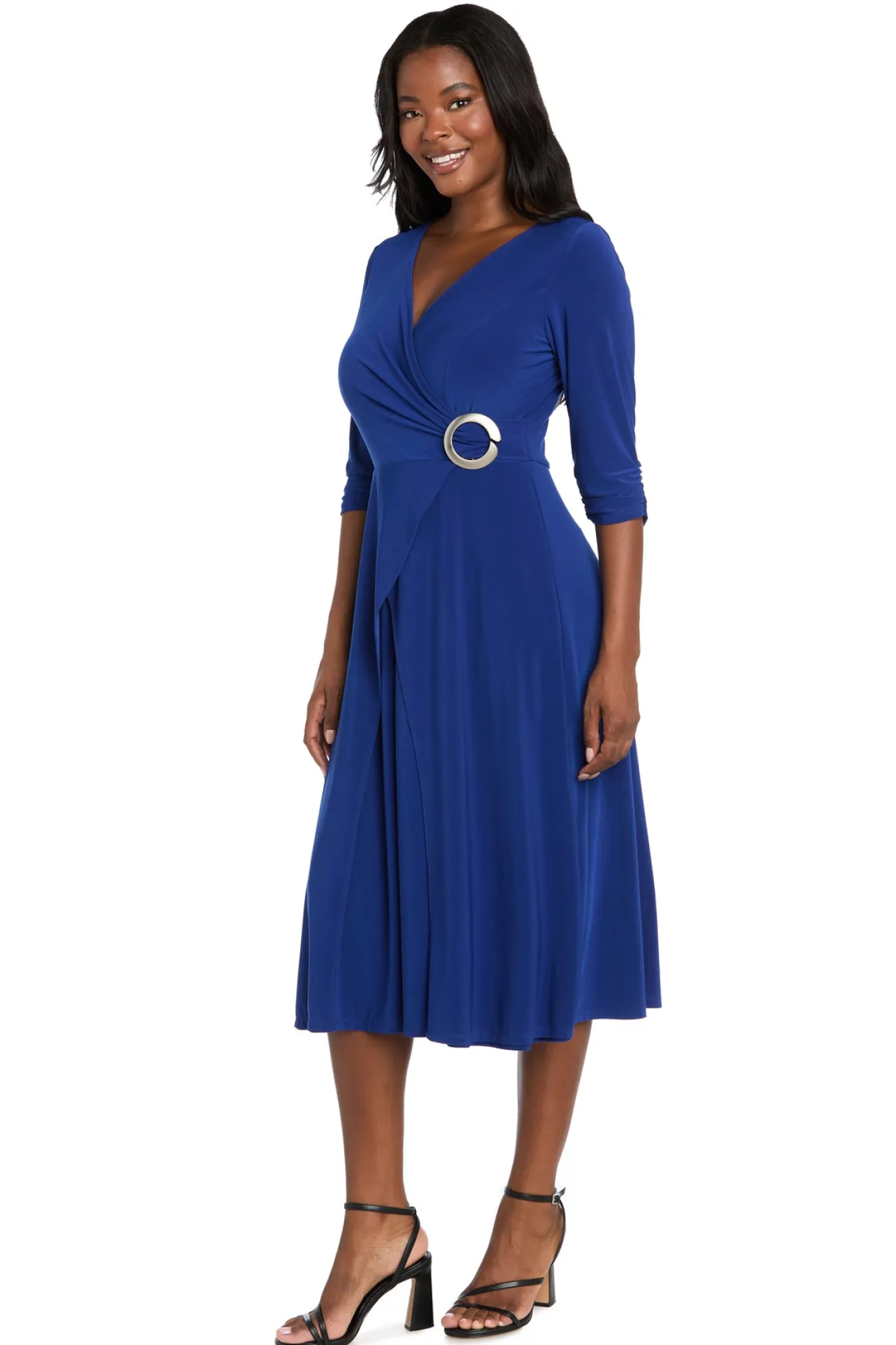 Midi Jersey Faux Wrap with 3/4 Sleeves - Indigo