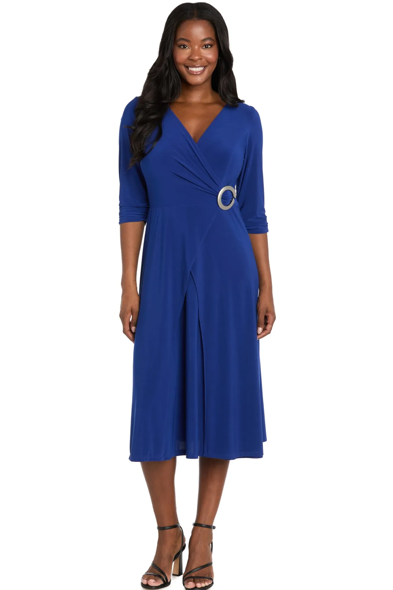 Midi Jersey Faux Wrap with 3/4 Sleeves - Indigo