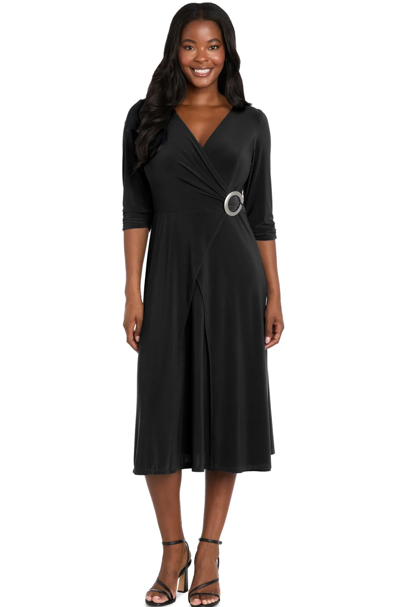 Midi Jersey Faux Wrap with 3/4 Sleeves - Black