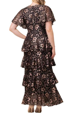Mon Ange Tiered Lace Evening Gown - Rose Gold - Plus