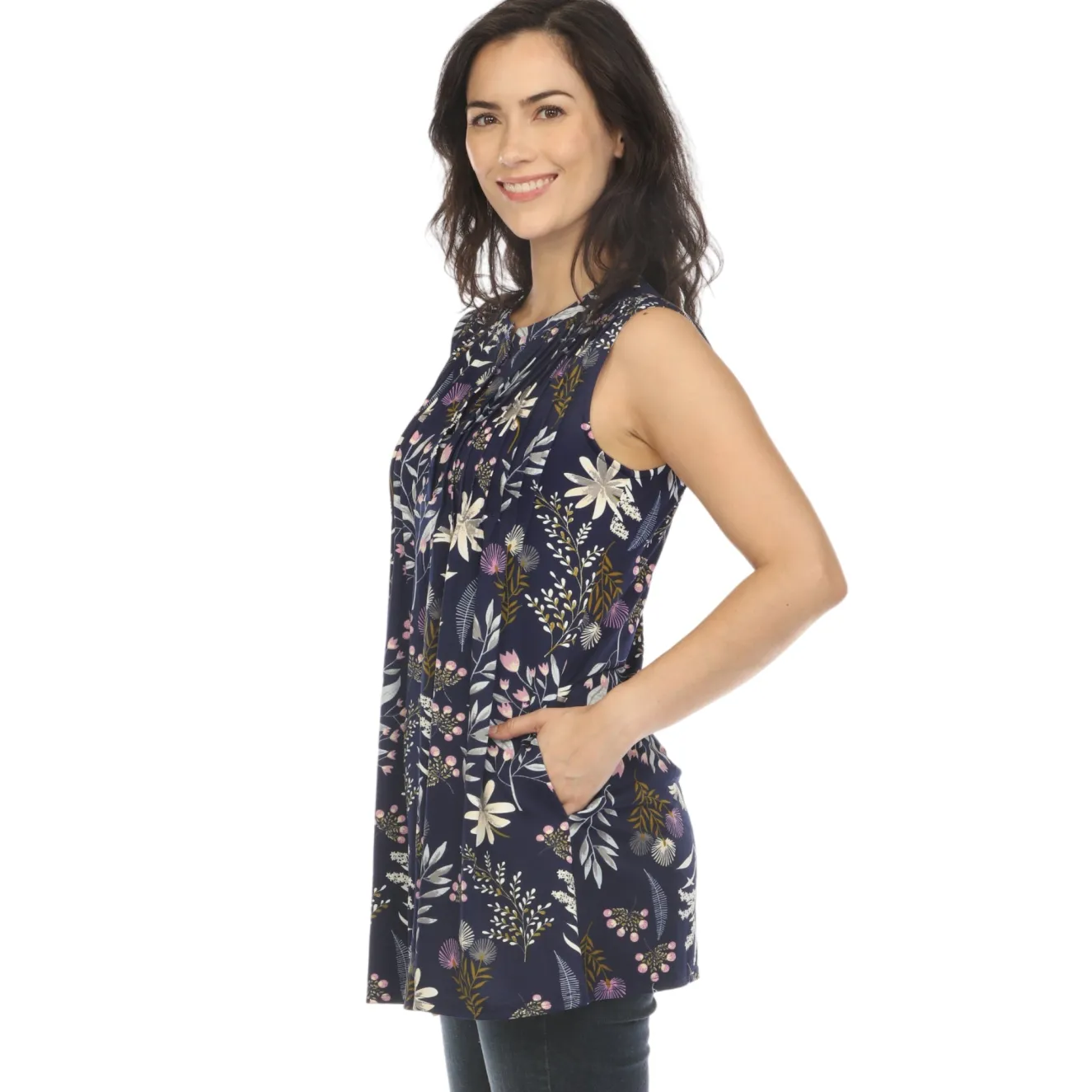 Navy Floral Sleeveless Tunic Top