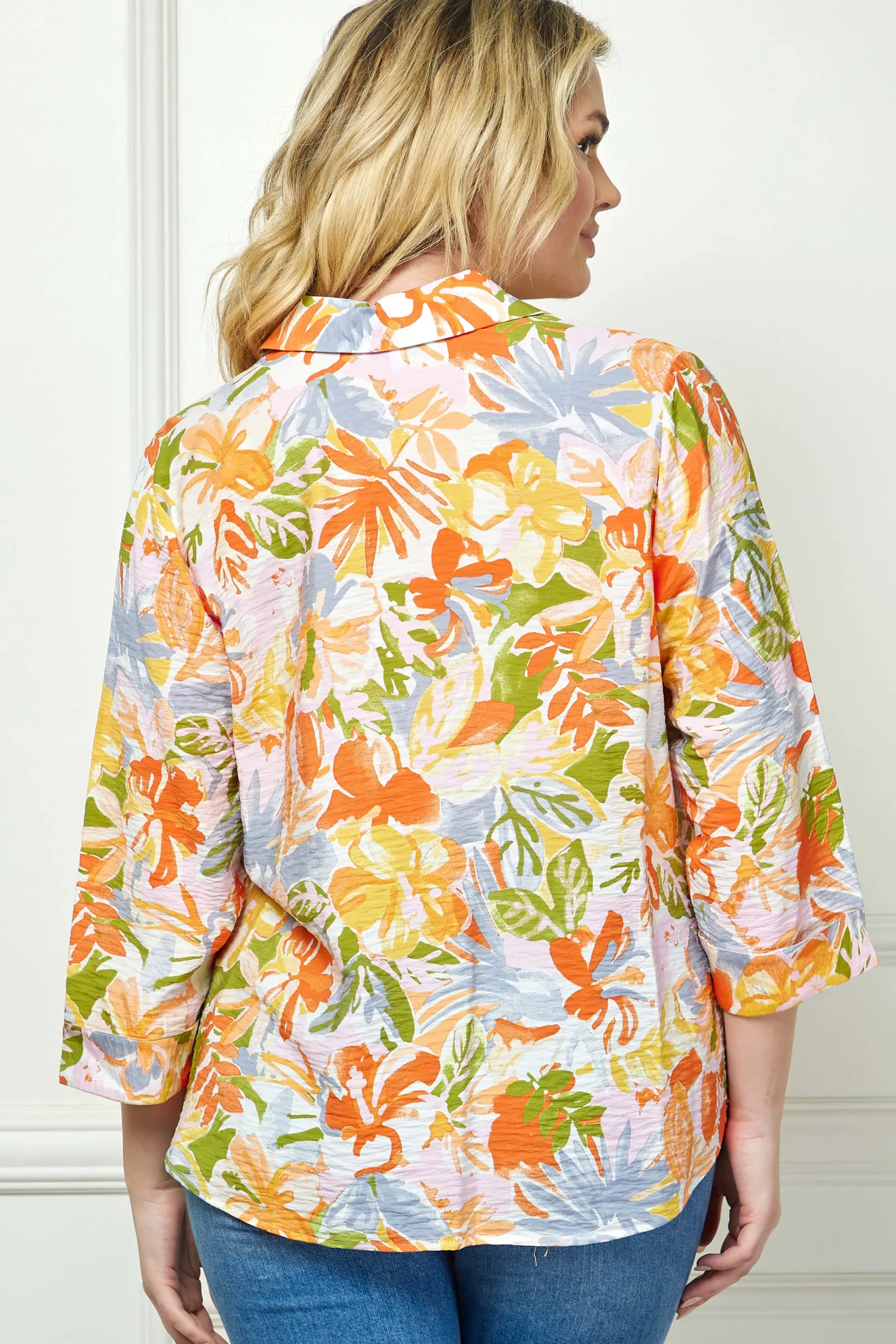 3/4 Notch Cuff Sleeve Johnny Collar Shirt in Orange - Plus