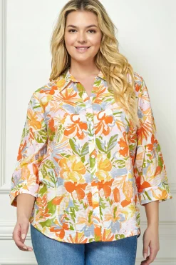 3/4 Notch Cuff Sleeve Johnny Collar Shirt in Orange - Plus