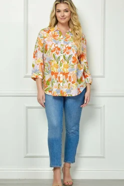 3/4 Notch Cuff Sleeve Johnny Collar Shirt in Orange - Plus