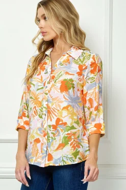 3/4 Notch Cuff Sleeve Johnny Collar Shirt in Orange