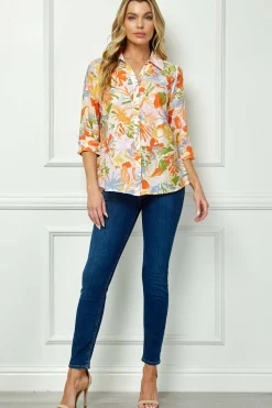 3/4 Notch Cuff Sleeve Johnny Collar Shirt in Orange