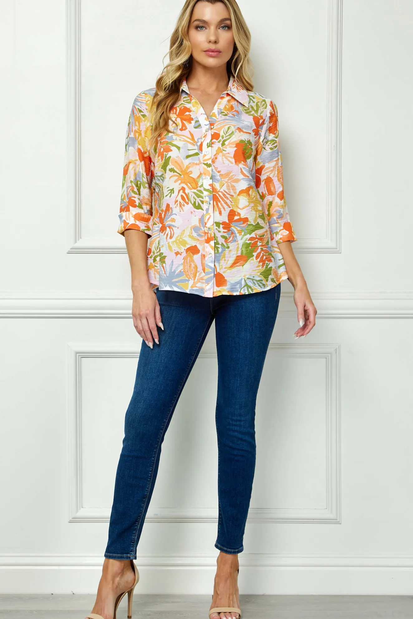 3/4 Notch Cuff Sleeve Johnny Collar Shirt in Orange