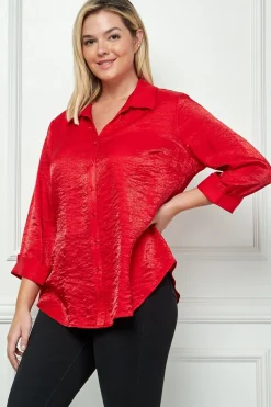 3/4 Notch Sleeve Button Front Shirt Top- Plus