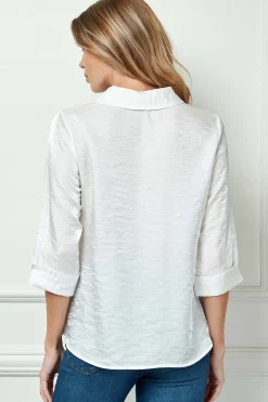 3/4 Notch Sleeve Button Front Spread Collar Blouse in White