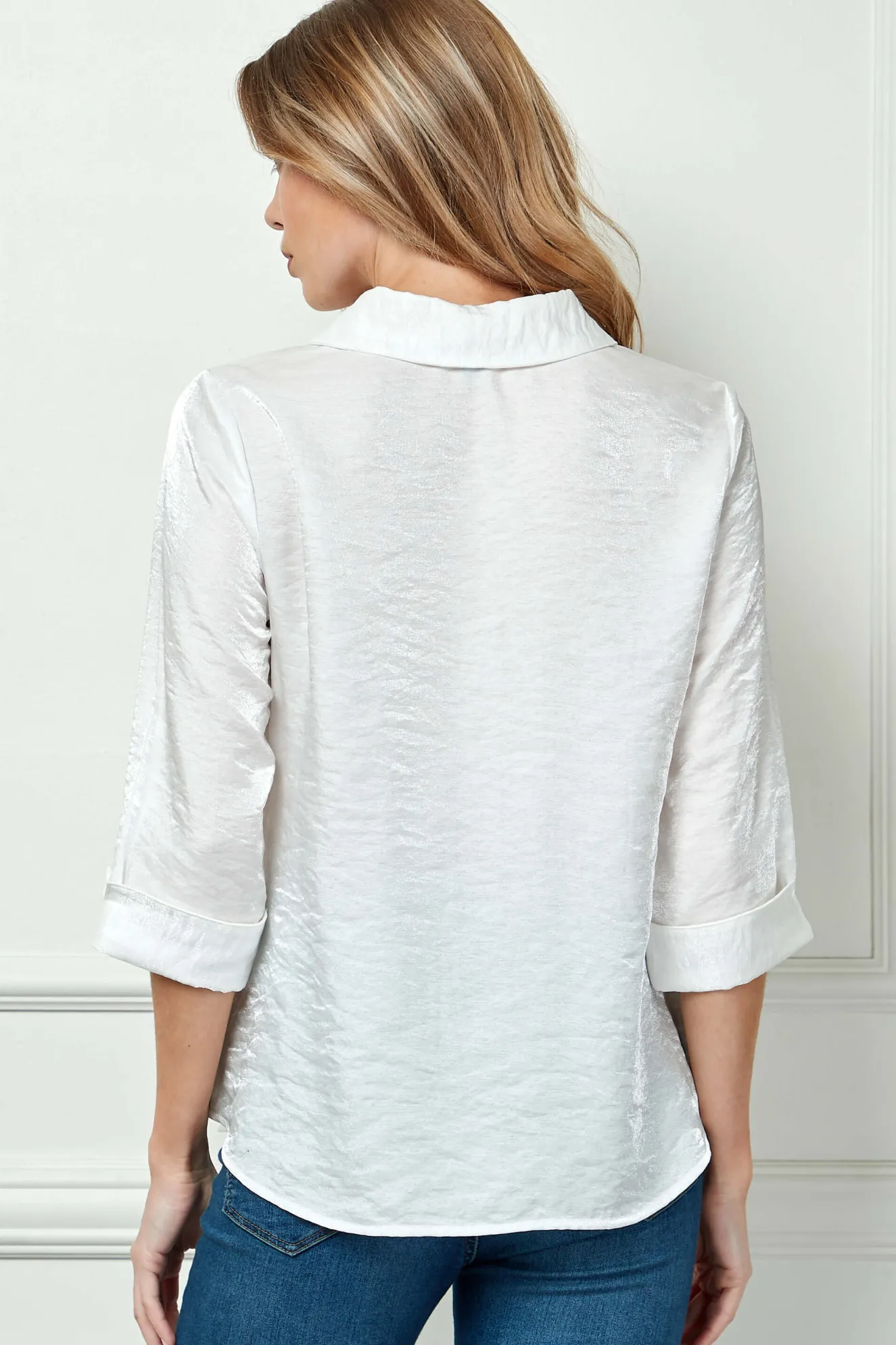 3/4 Notch Sleeve Button Front Spread Collar Blouse in White