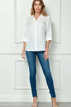 3/4 Notch Sleeve Button Front Spread Collar Blouse in White