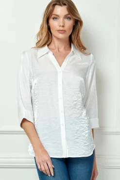 3/4 Notch Sleeve Button Front Spread Collar Blouse in White