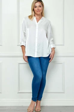 3/4 Notch Sleeve Button Front Spread Collar Blouse in White - Plus