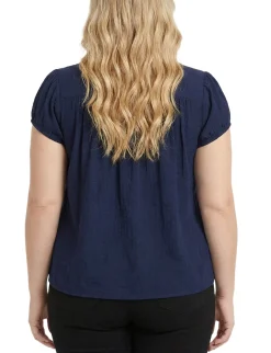 NY Collection Plus Size Cap Slv Rouched Yoke Blouse