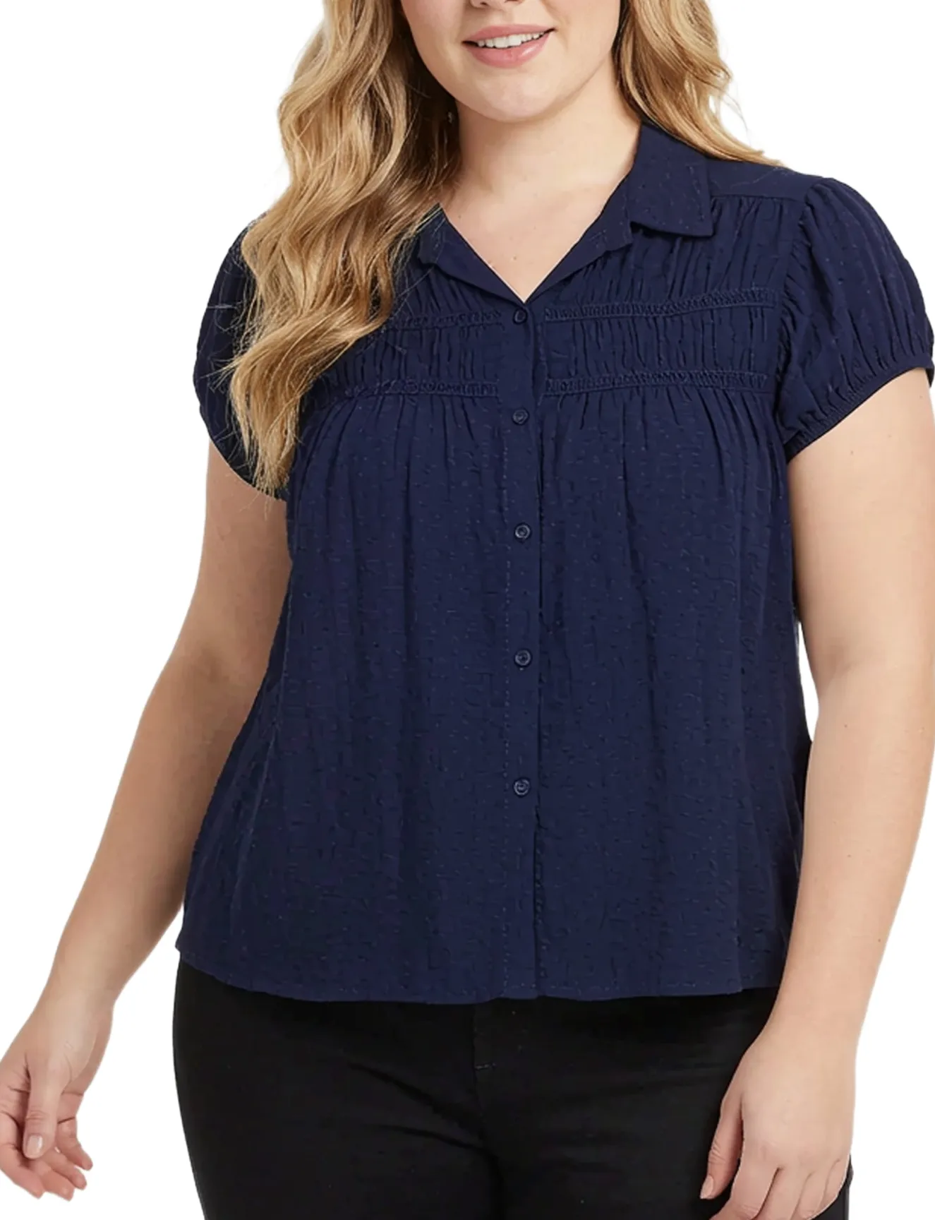NY Collection Plus Size Cap Slv Rouched Yoke Blouse