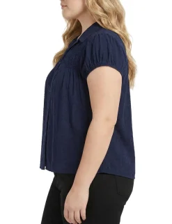 NY Collection Plus Size Cap Slv Rouched Yoke Blouse