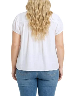 NY Collection Plus Size Cap Slv Rouched Yoke Blouse