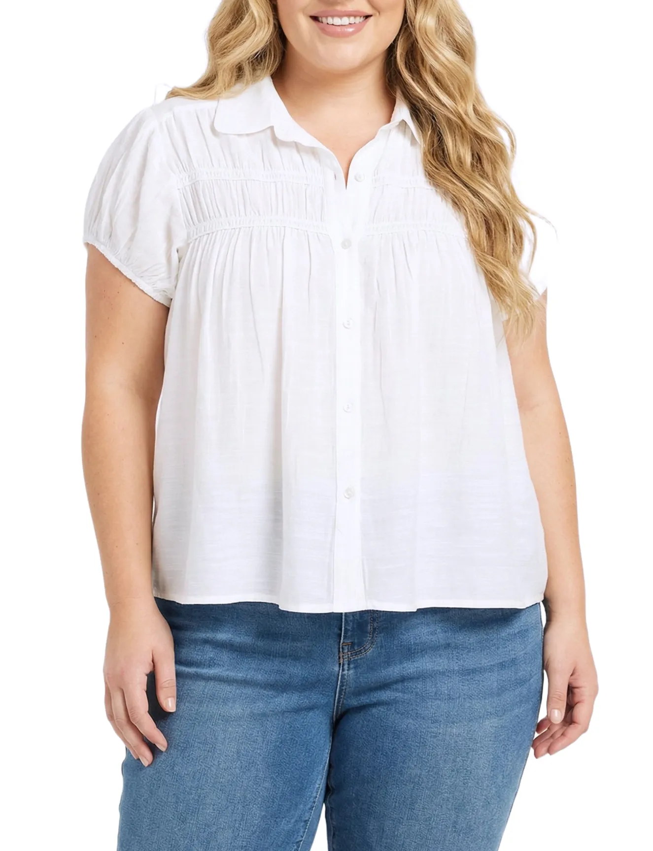 NY Collection Plus Size Cap Slv Rouched Yoke Blouse
