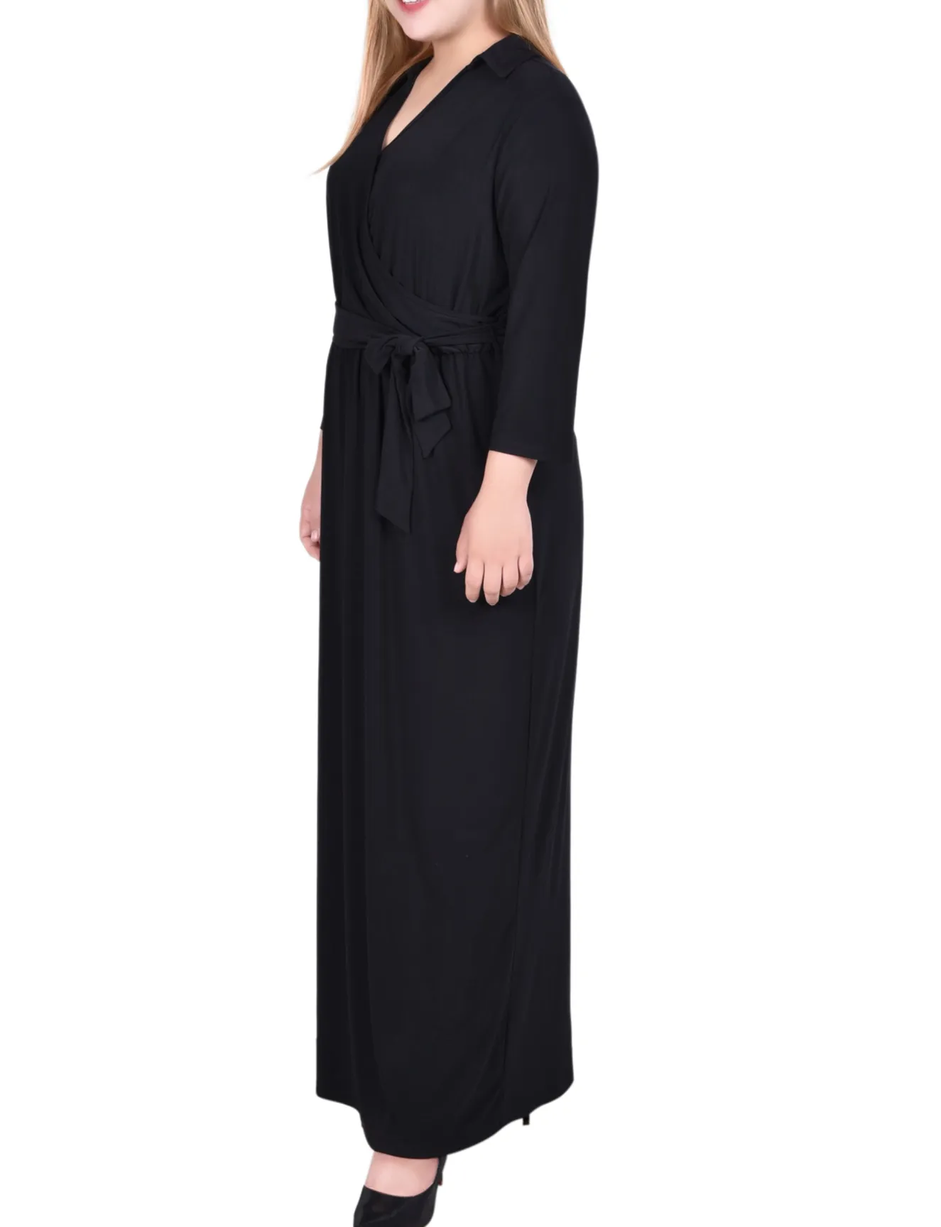NY Collection Plus Size 3/4 Sleeve Belted Maxi Dress