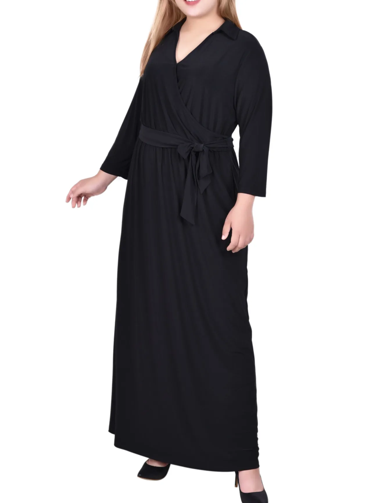 NY Collection Plus Size 3/4 Sleeve Belted Maxi Dress