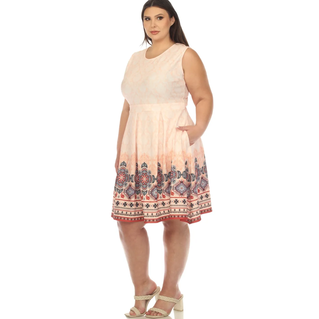 Orange Border Print Fit and Flare Knee Length Dress - Plus
