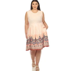 Orange Border Print Fit and Flare Knee Length Dress - Plus