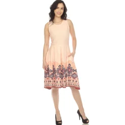 Orange Border Print Fit and Flare Knee Length Dress