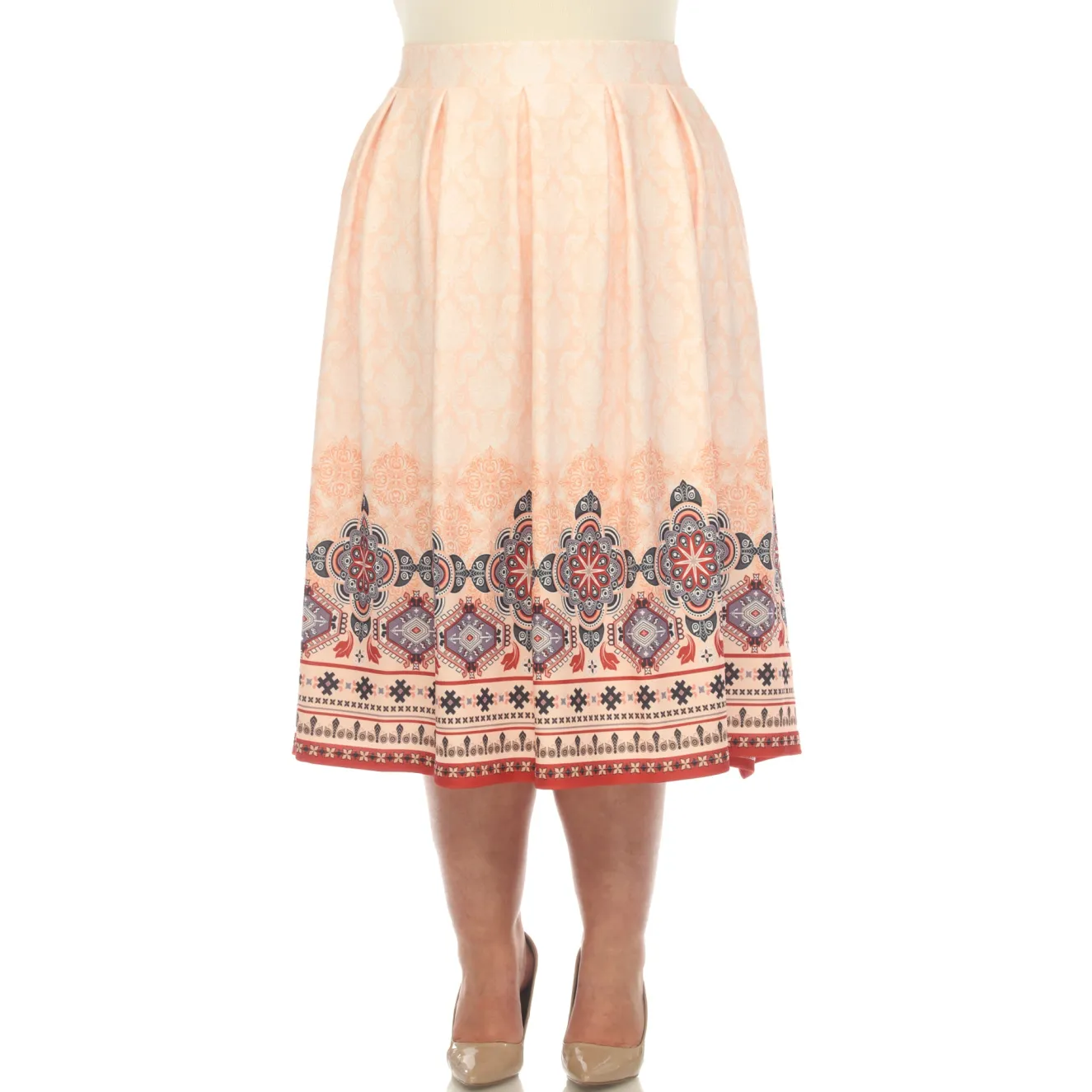 Orange Pleated Skirt with Border Prints - Plus