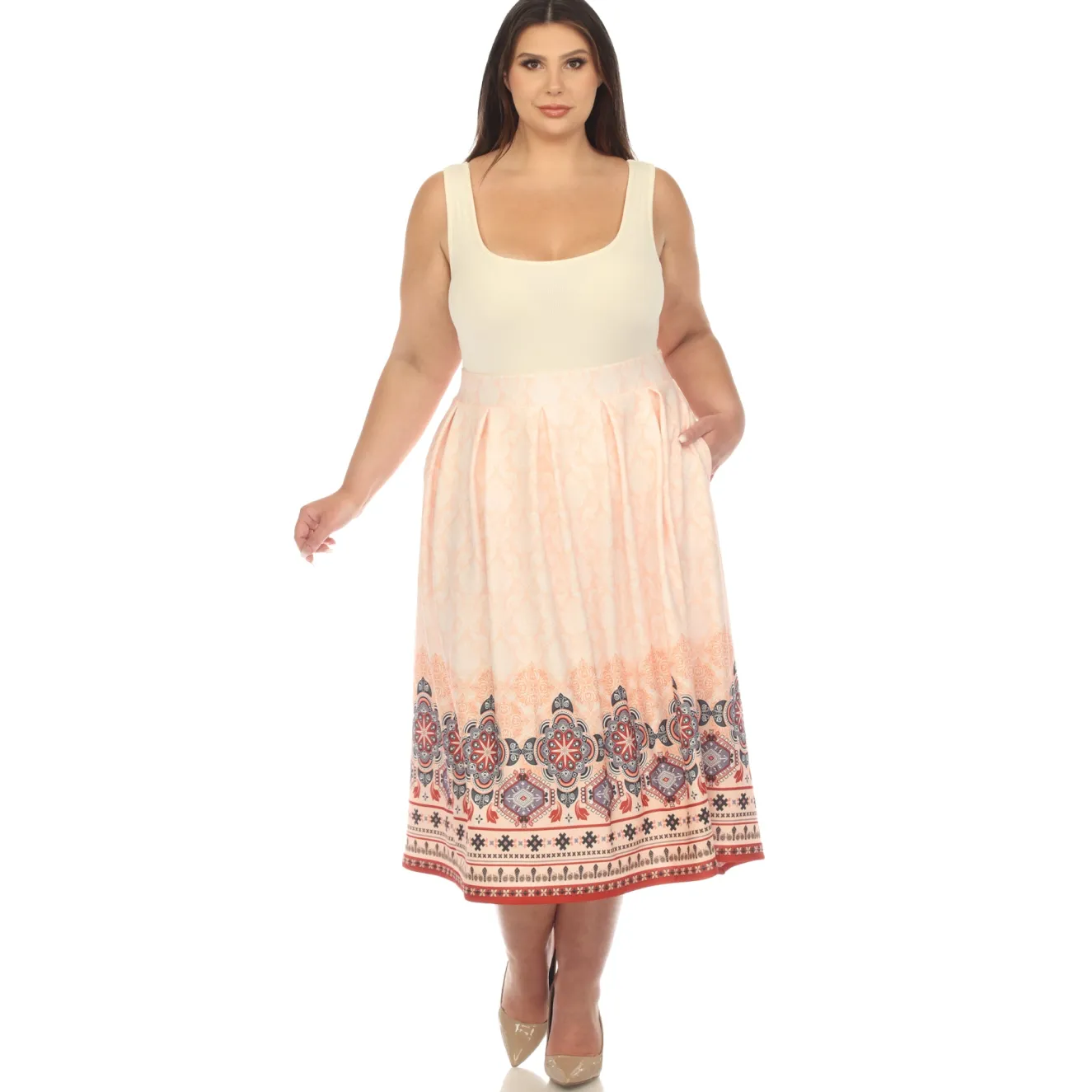 Orange Pleated Skirt with Border Prints - Plus