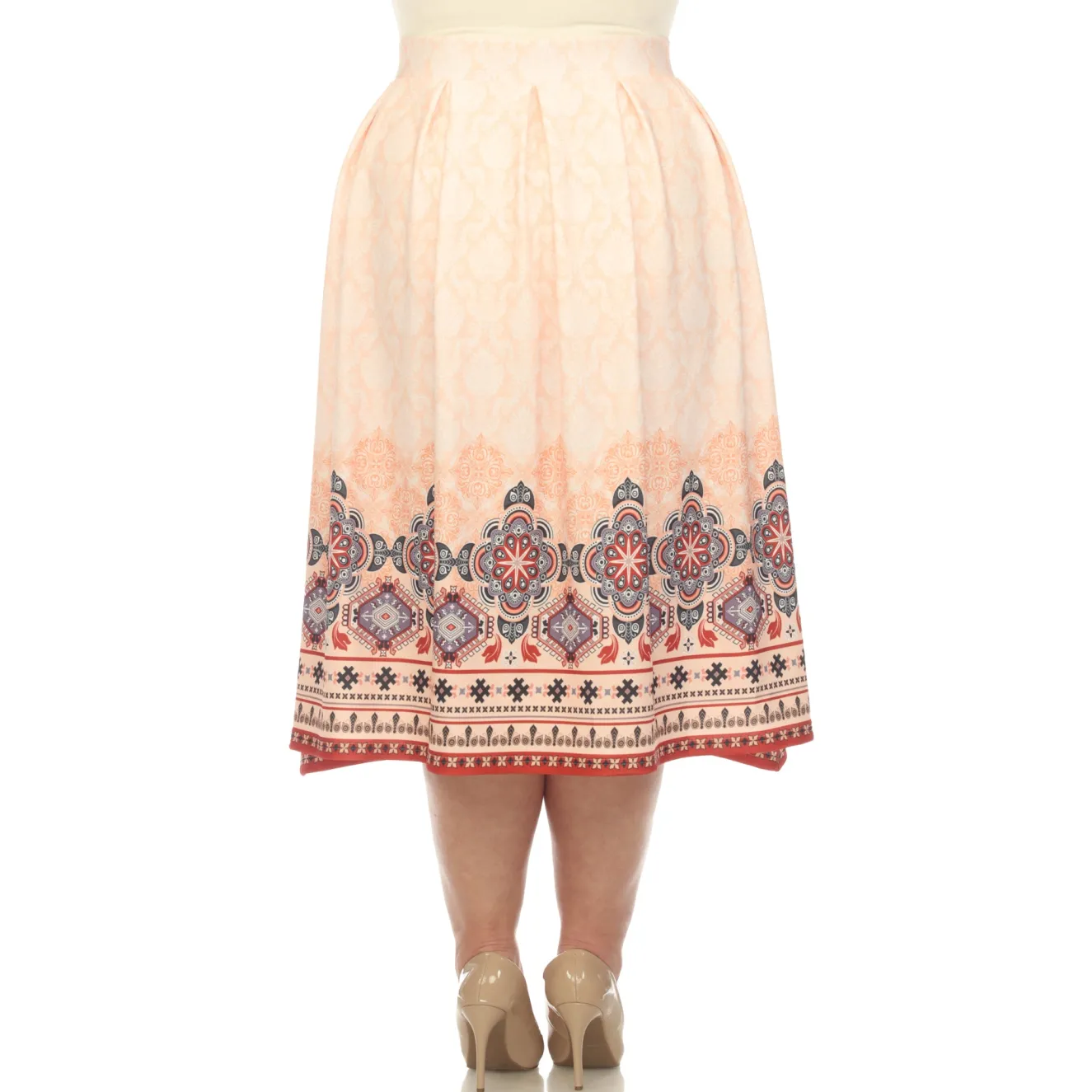 Orange Pleated Skirt with Border Prints - Plus