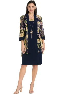 2-Piece Jacket Dress with Detachable Necklace, Navy/Yellow