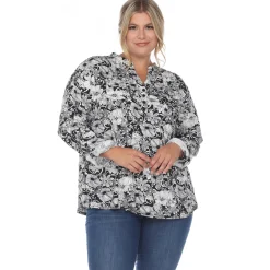 Pleated Long Sleeve Floral Print Blouse - Plus