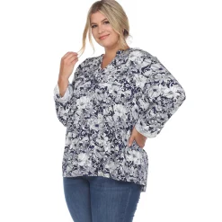 Pleated Long Sleeve Floral Print Blouse - Plus