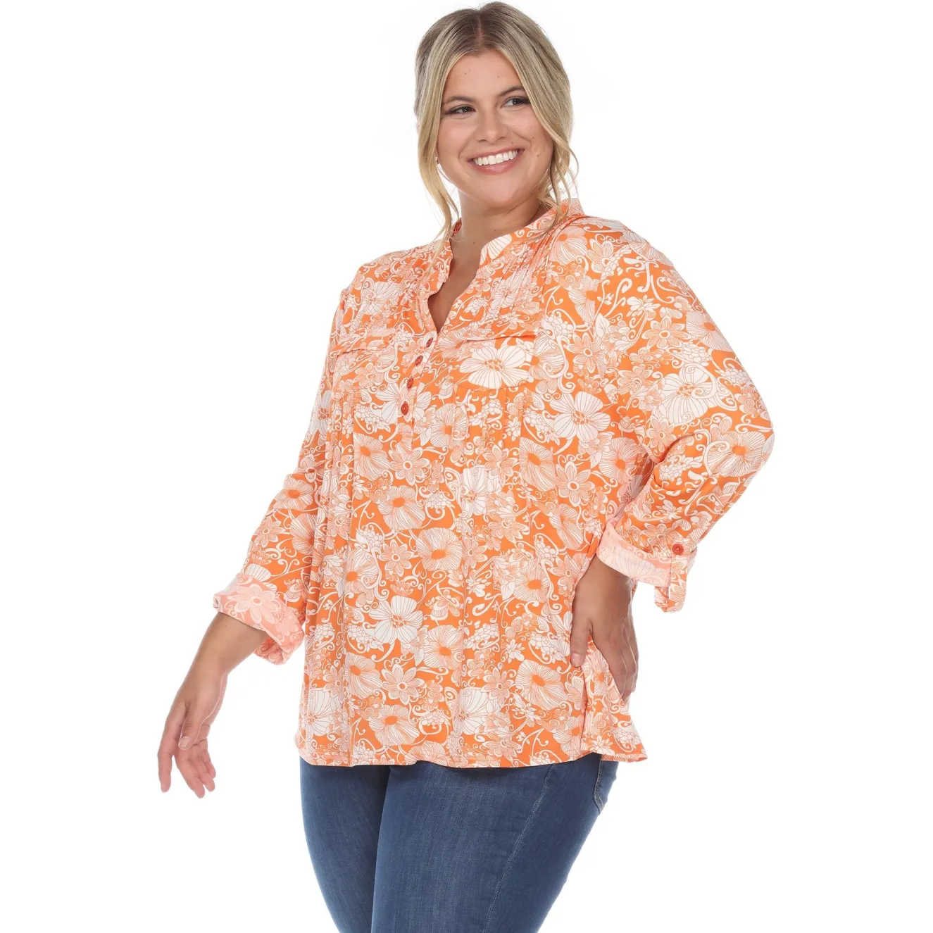 Pleated Long Sleeve Floral Print Blouse - Plus