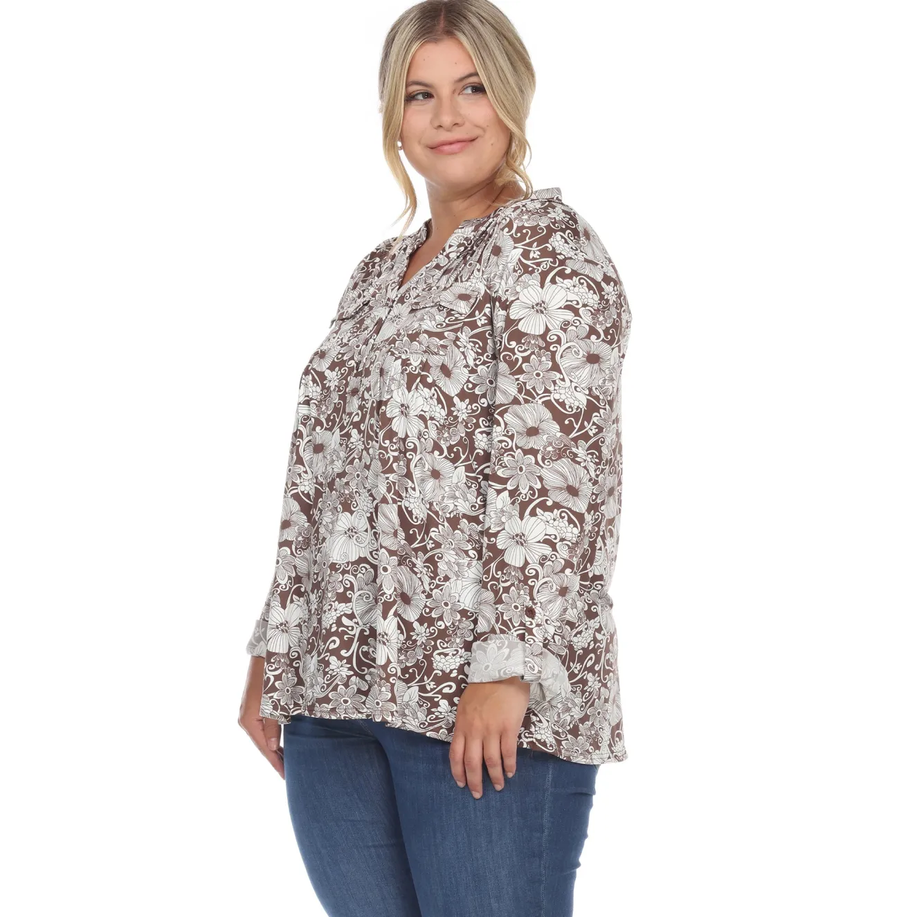 Pleated Long Sleeve Floral Print Blouse - Plus