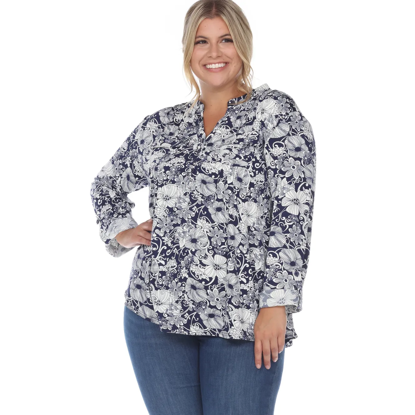 Pleated Long Sleeve Floral Print Blouse - Plus