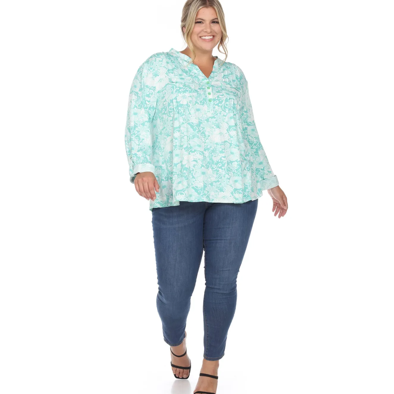 Pleated Long Sleeve Floral Print Blouse - Plus