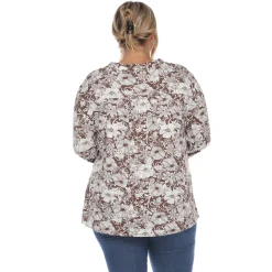 Pleated Long Sleeve Floral Print Blouse - Plus