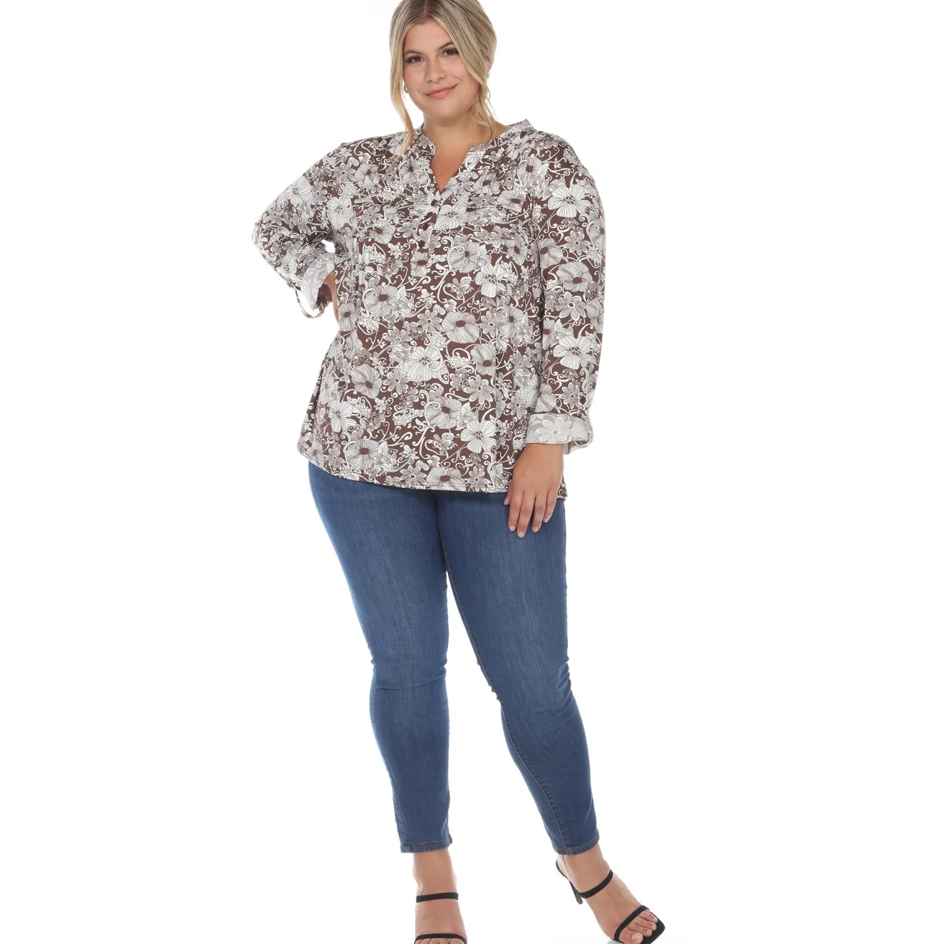 Pleated Long Sleeve Floral Print Blouse - Plus