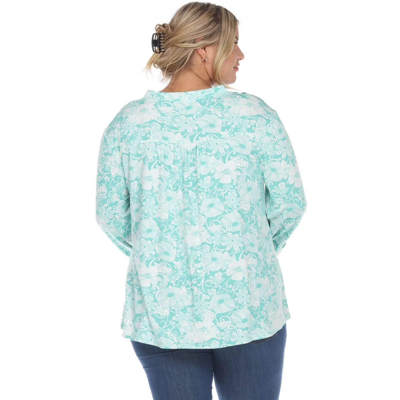 Pleated Long Sleeve Floral Print Blouse - Plus