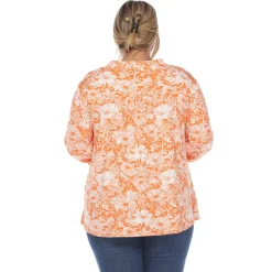 Pleated Long Sleeve Floral Print Blouse - Plus