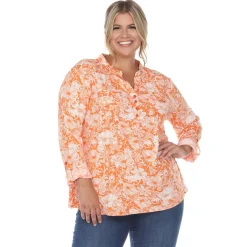 Pleated Long Sleeve Floral Print Blouse - Plus
