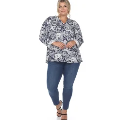Pleated Long Sleeve Floral Print Blouse - Plus
