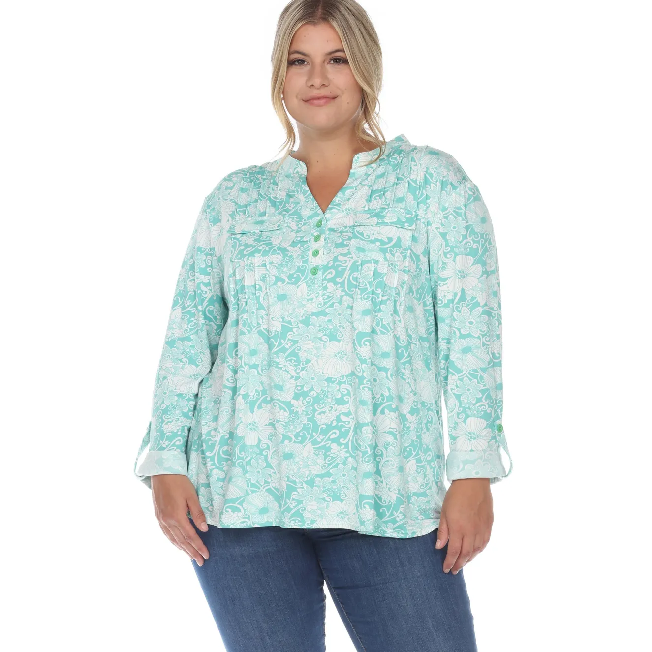 Pleated Long Sleeve Floral Print Blouse - Plus