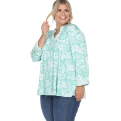 Pleated Long Sleeve Floral Print Blouse - Plus