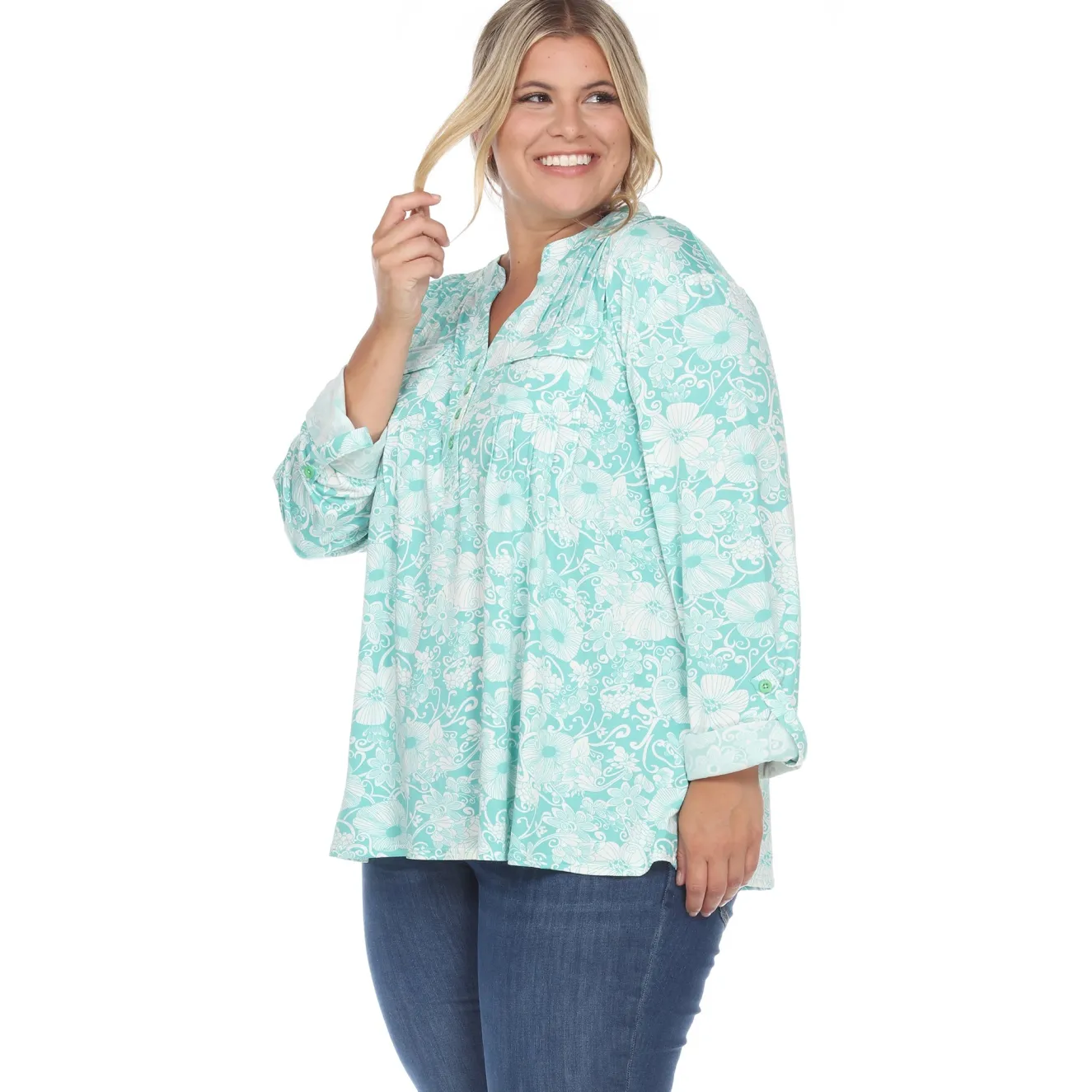 Pleated Long Sleeve Floral Print Blouse - Plus